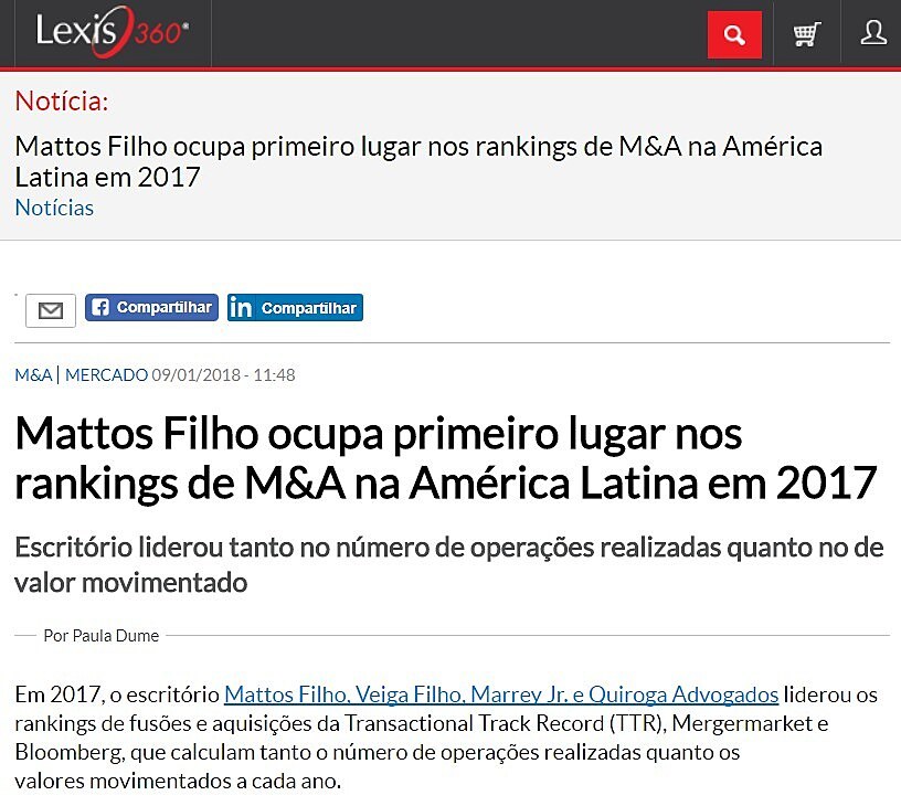 Mattos Filho ocupa primeiro lugar nos rankings de M&A na América Latina em 2017